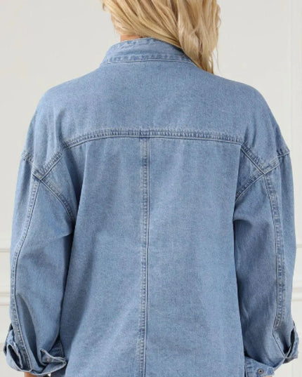 Drawstring Snap Down Denim Jacket with Chest Pockets - ShopEasier