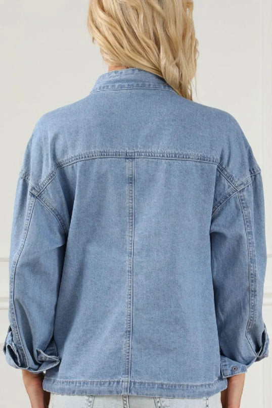 Drawstring Snap Down Denim Jacket with Chest Pockets - ShopEasier