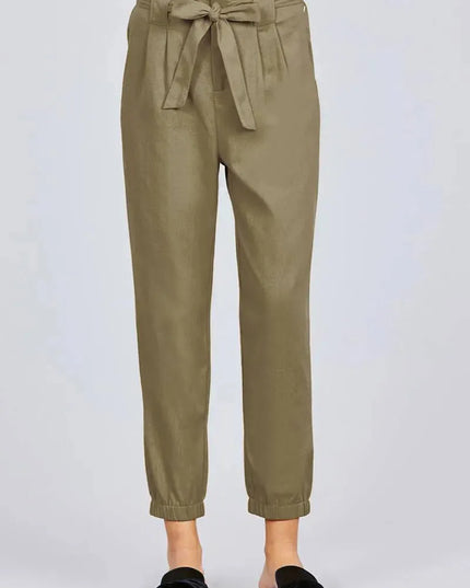 Paperbag W/bow Tie Elastic Hem Long Linen Pants - ShopEasier