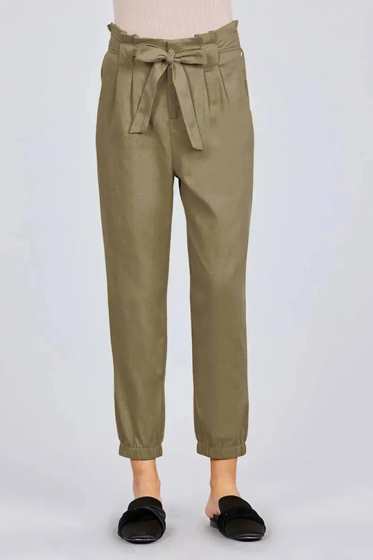 Paperbag W/bow Tie Elastic Hem Long Linen Pants - ShopEasier