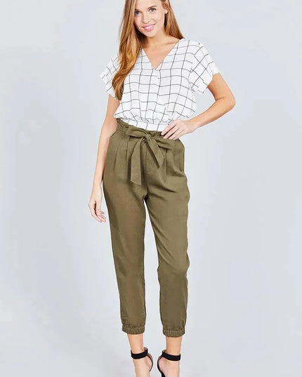 Paperbag W/bow Tie Elastic Hem Long Linen Pants - ShopEasier