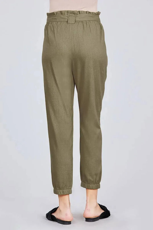 Paperbag W/bow Tie Elastic Hem Long Linen Pants - ShopEasier