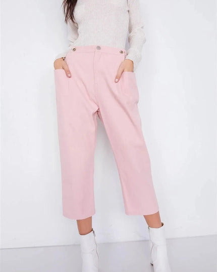 Pastel Chic Solid Ankle Wide Leg Adjustable Snap Waist Pants - ShopEasier