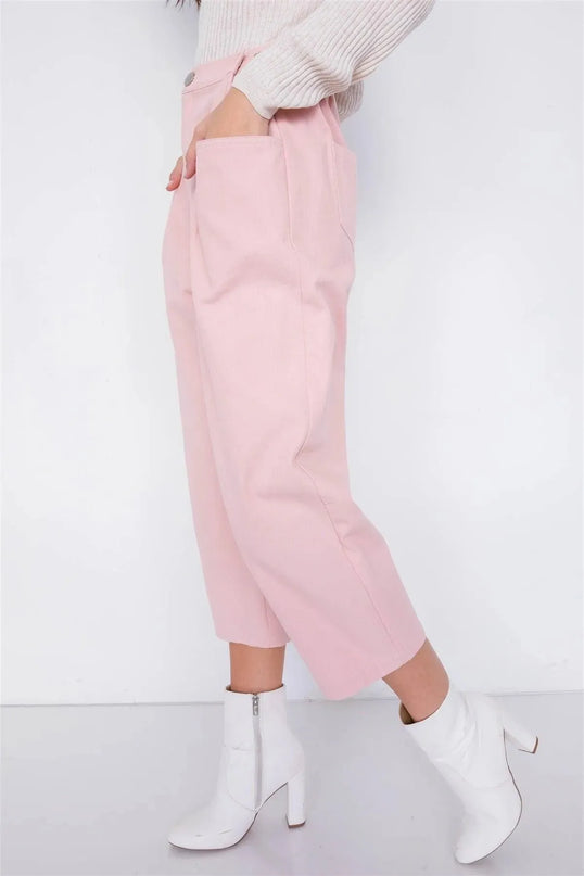 Pastel Chic Solid Ankle Wide Leg Adjustable Snap Waist Pants - ShopEasier