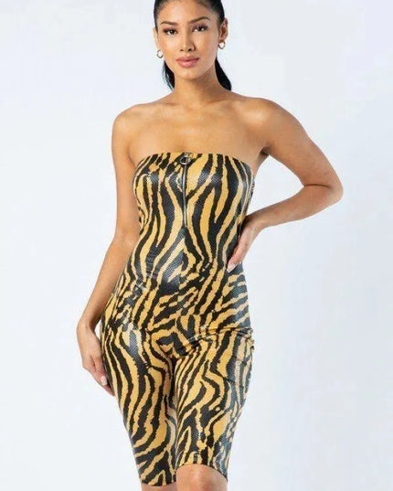 Zebra Print Tube Romper With Front O Ring Zipper Detail - ShopEasier