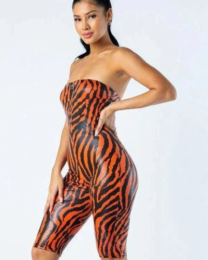 Zebra Print Tube Romper With Front O Ring Zipper Detail - ShopEasier