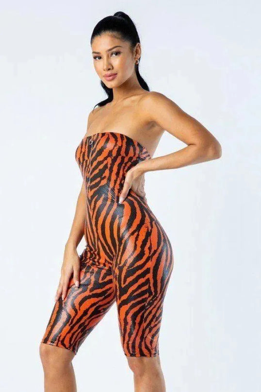 Zebra Print Tube Romper With Front O Ring Zipper Detail - ShopEasier