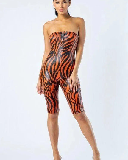 Zebra Print Tube Romper With Front O Ring Zipper Detail - ShopEasier