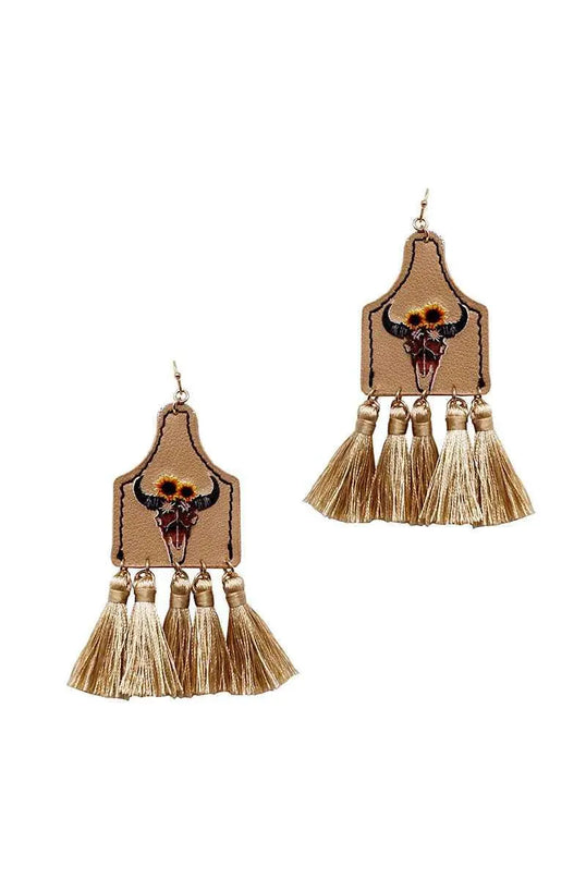 Stylish Western Cow Skull And Tassel Drop Earring - ShopEasier