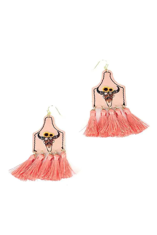 Stylish Western Cow Skull And Tassel Drop Earring - ShopEasier