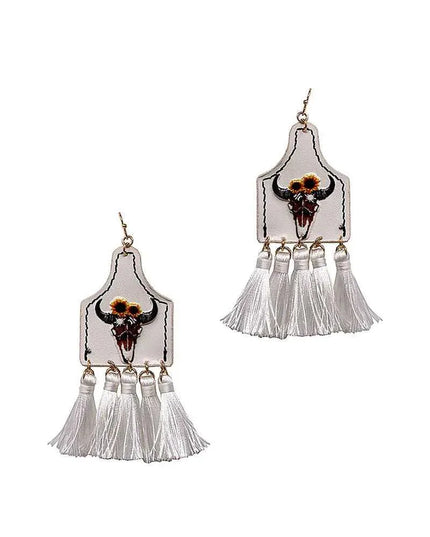 Stylish Western Cow Skull And Tassel Drop Earring - ShopEasier