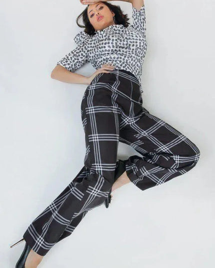 High Waist Plaid Print Wide Leg Pants - ShopEasier