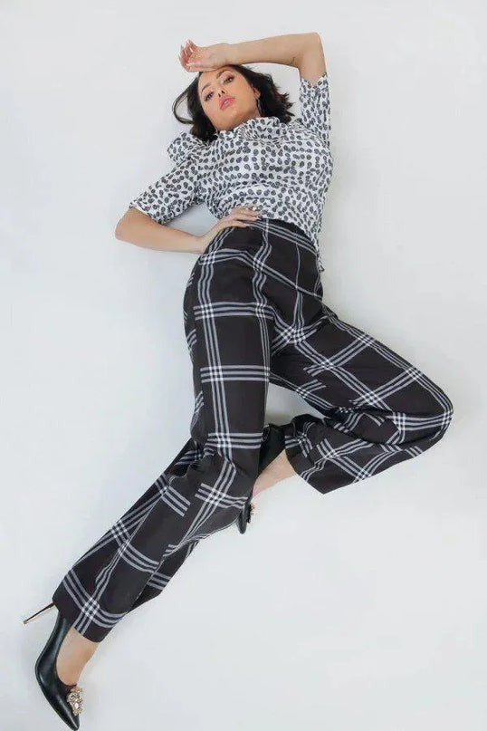 High Waist Plaid Print Wide Leg Pants - ShopEasier