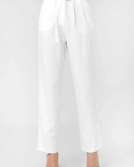 A Solid Pant Featuring Paperbag Waist With Rattan Buckle Belt - ShopEasier