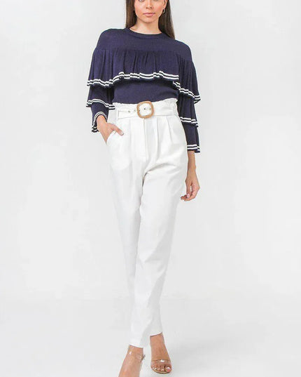 A Solid Pant Featuring Paperbag Waist With Rattan Buckle Belt - ShopEasier