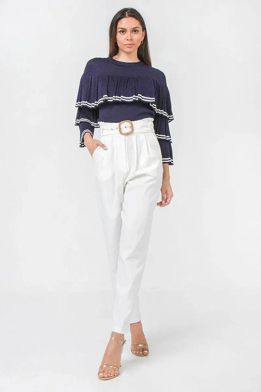 A Solid Pant Featuring Paperbag Waist With Rattan Buckle Belt - ShopEasier