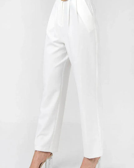 A Solid Pant Featuring Paperbag Waist With Rattan Buckle Belt - ShopEasier