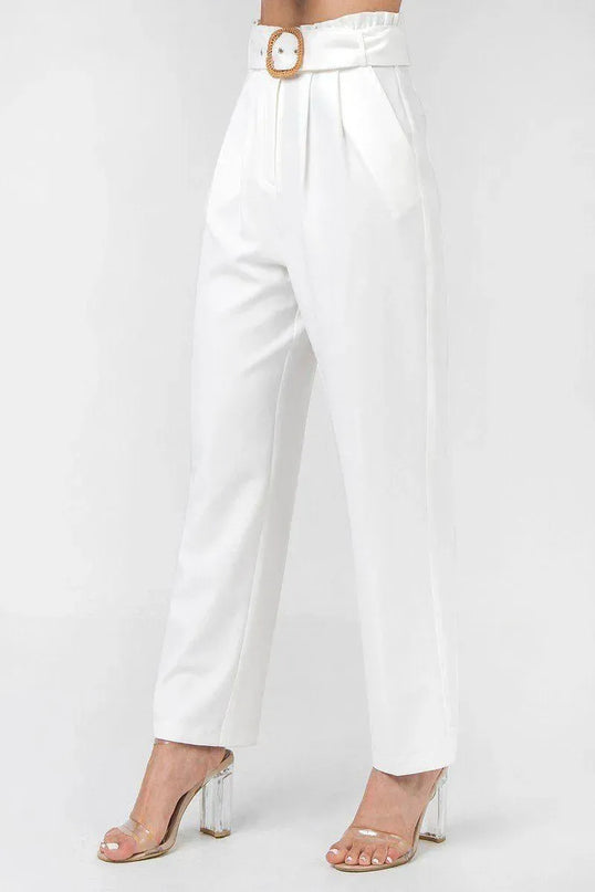 A Solid Pant Featuring Paperbag Waist With Rattan Buckle Belt - ShopEasier