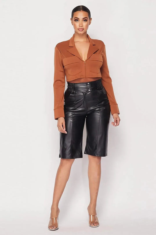 Deep-v Cropped Power Shoulder Blazer Bodysuit - ShopEasier