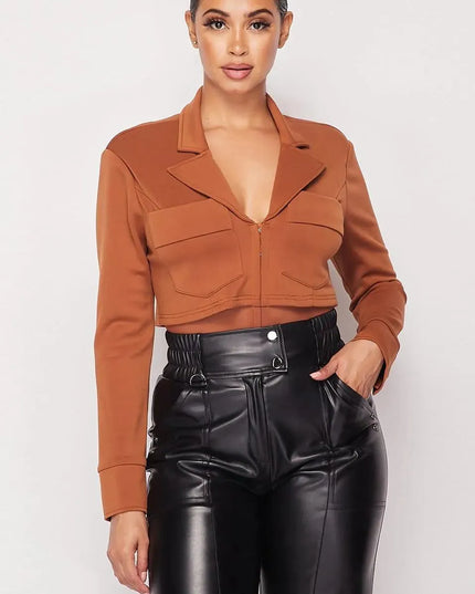 Deep-v Cropped Power Shoulder Blazer Bodysuit - ShopEasier