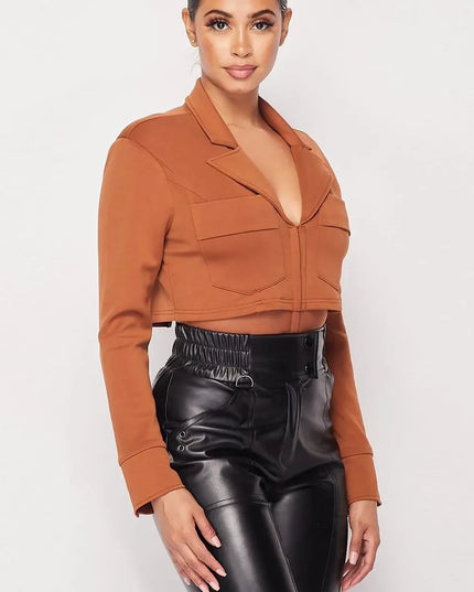 Deep-v Cropped Power Shoulder Blazer Bodysuit - ShopEasier