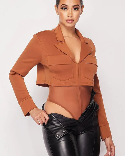 Deep-v Cropped Power Shoulder Blazer Bodysuit - ShopEasier