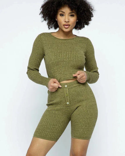 Knit Long Sleeve Cropped Top Knit High-waist Biker Shorts Set - ShopEasier