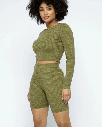 Knit Long Sleeve Cropped Top Knit High-waist Biker Shorts Set - ShopEasier