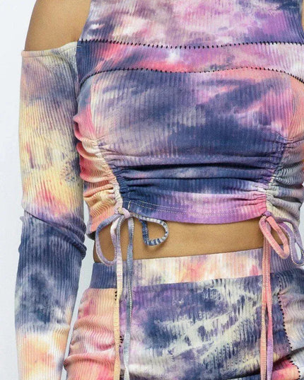 Tie Dye Open Shoulder Long Sleeve Top And Matching Skirt W Ruching Details - ShopEasier