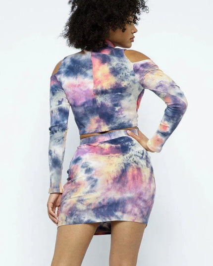 Tie Dye Open Shoulder Long Sleeve Top And Matching Skirt W Ruching Details - ShopEasier