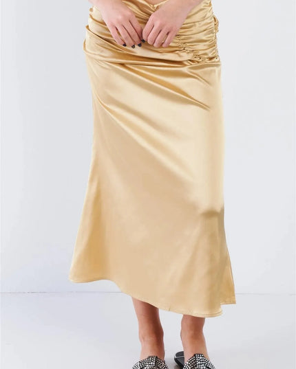 Satin Ruffle Waist Midi Skirt - ShopEasier