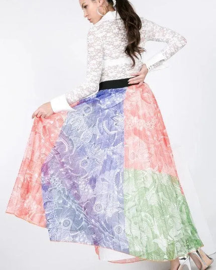 Color Block Pleated Maxi Skirt - ShopEasier