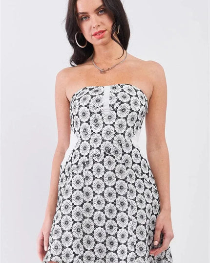 White & Black Floral Crochet Sleeveless Strapless Smock Back Detail Mini Dress - ShopEasier