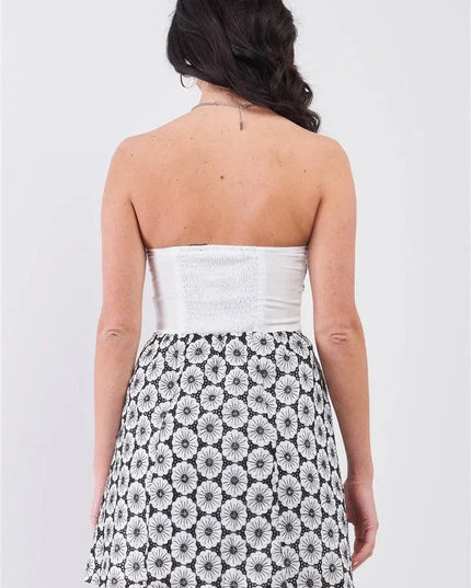 White & Black Floral Crochet Sleeveless Strapless Smock Back Detail Mini Dress - ShopEasier