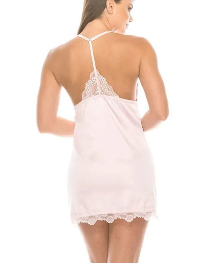 2 Piece Satin Lace Trimmed Slip Set With Matching Thong - ShopEasier