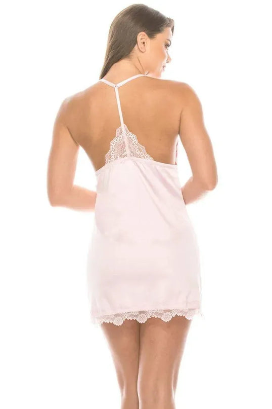 2 Piece Satin Lace Trimmed Slip Set With Matching Thong - ShopEasier