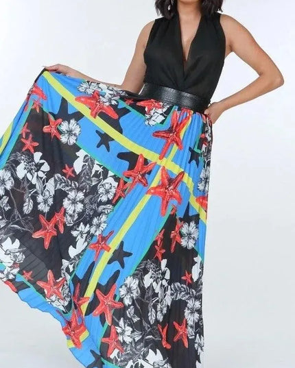 Pleated Print Maxi Skirt With Leather Waist Band - ShopEasier