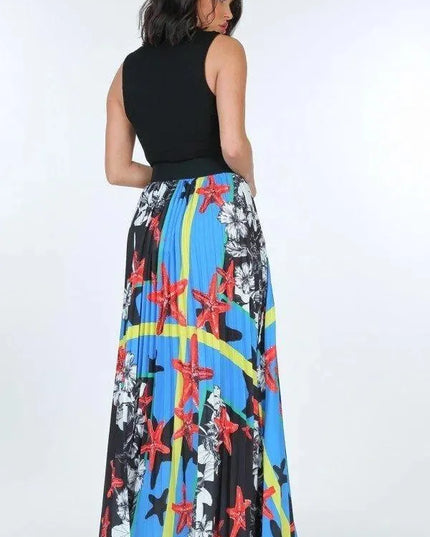 Pleated Print Maxi Skirt With Leather Waist Band - ShopEasier