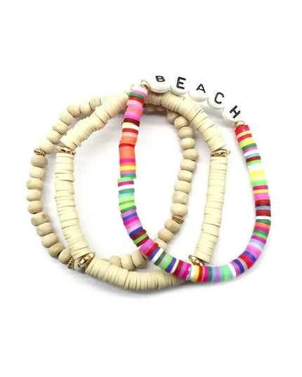 Fashion Wood Rubber Disc Bead Beach Letter Stretch Multi Bracelet - ShopEasier