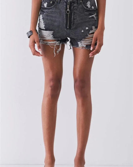 Ripped High-waist Front Zip-up Raw Hem Detail Distressed Mini Shorts - ShopEasier