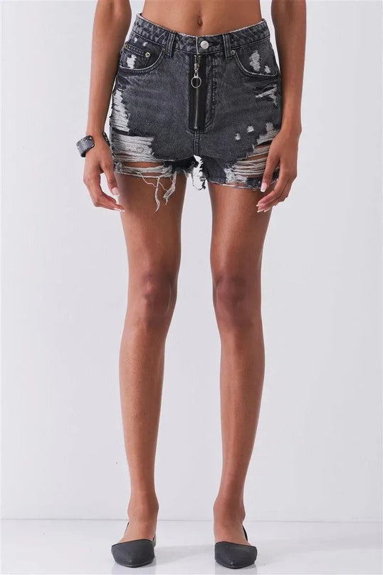 Ripped High-waist Front Zip-up Raw Hem Detail Distressed Mini Shorts - ShopEasier