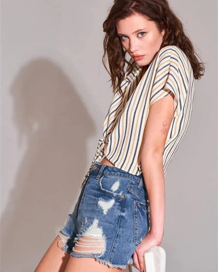 Ripped High-waist Front Zip-up Raw Hem Detail Distressed Mini Shorts - ShopEasier