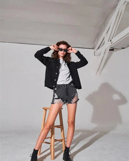 Ripped High-waist Front Zip-up Raw Hem Detail Distressed Mini Shorts - ShopEasier