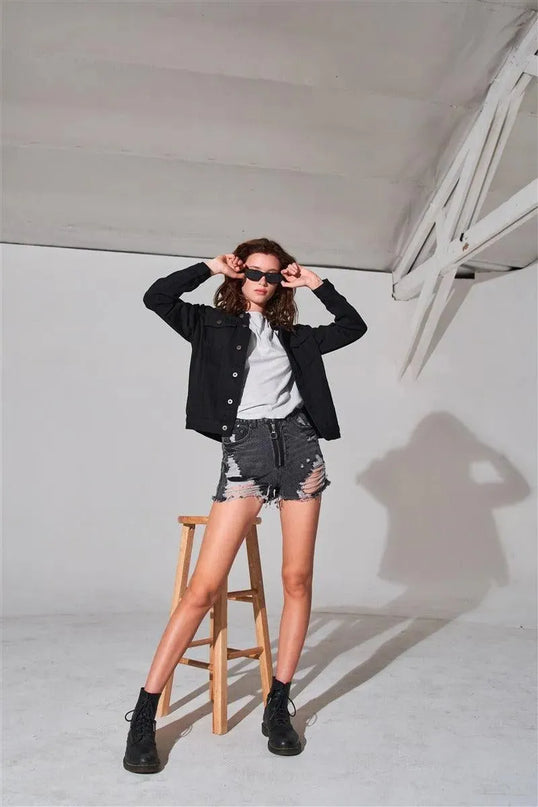 Ripped High-waist Front Zip-up Raw Hem Detail Distressed Mini Shorts - ShopEasier