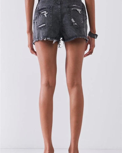 Ripped High-waist Front Zip-up Raw Hem Detail Distressed Mini Shorts - ShopEasier