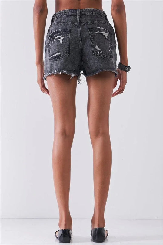 Ripped High-waist Front Zip-up Raw Hem Detail Distressed Mini Shorts - ShopEasier