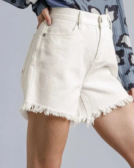 High Rise Denim Shorts With Raw Hem - ShopEasier