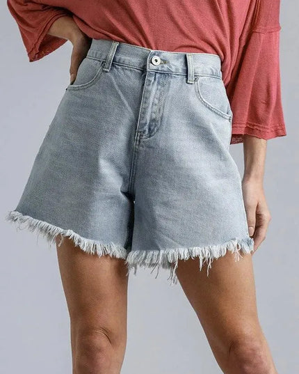 High Rise Denim Shorts With Raw Hem - ShopEasier