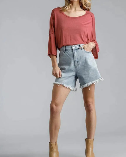 High Rise Denim Shorts With Raw Hem - ShopEasier