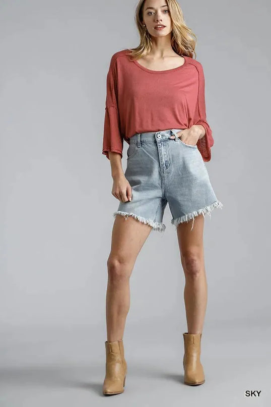 High Rise Denim Shorts With Raw Hem - ShopEasier